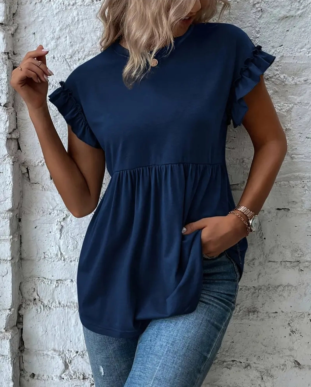 Navy Ruffle Top