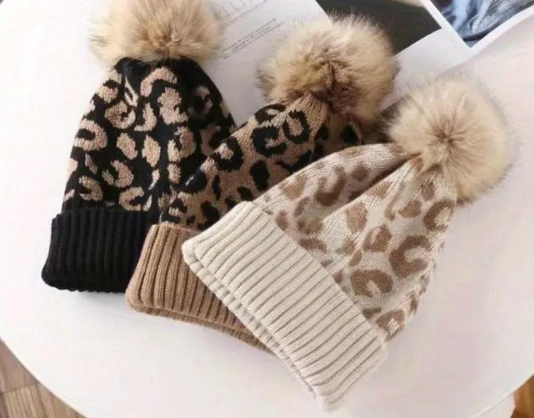 Cheetah PomPom Beanie Tan w/ Black spots