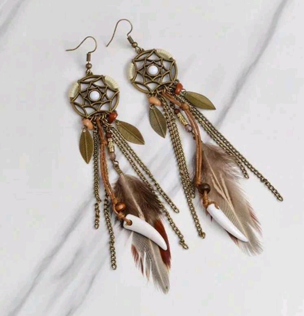 Brown Feather Dangle Earrings